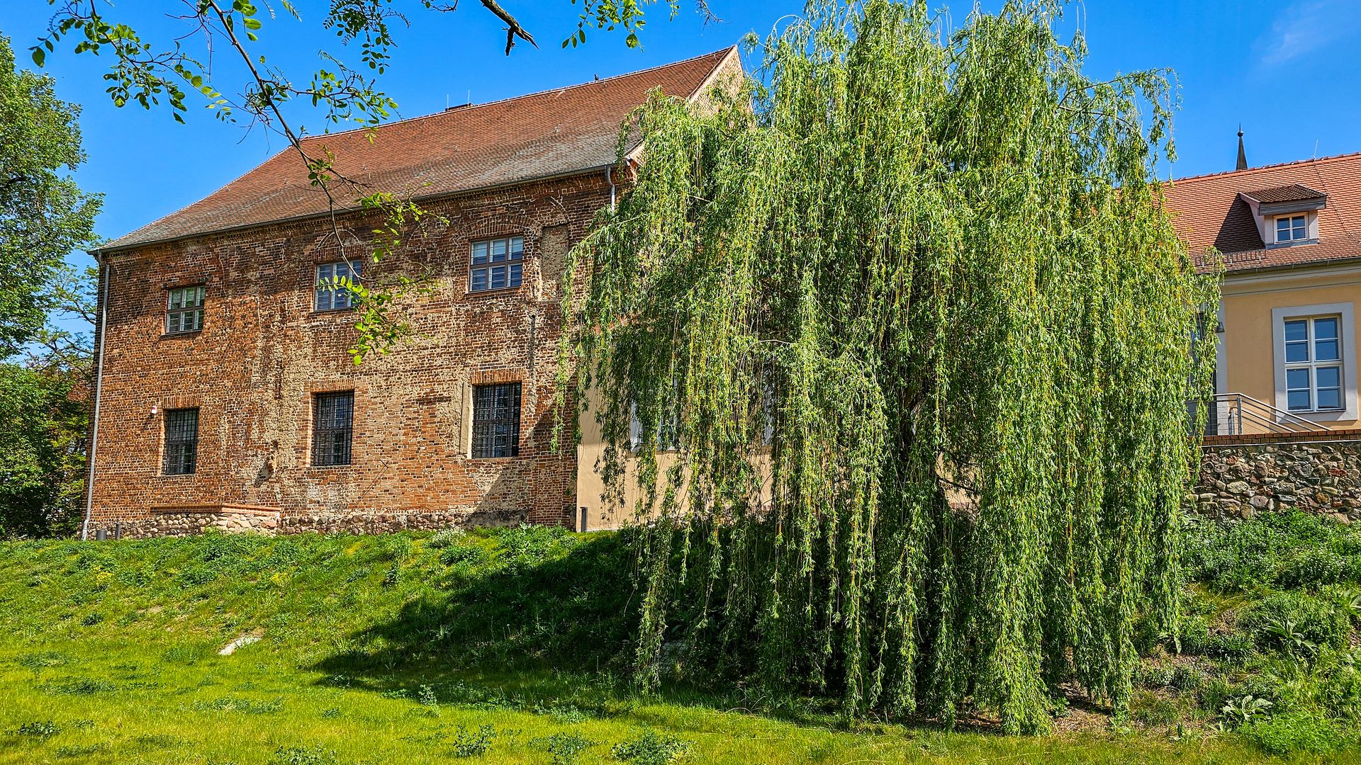 altes Gebäude mit Trauerweide davor