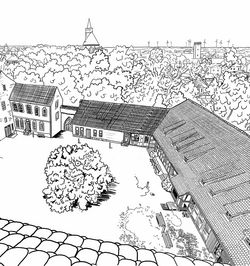 Zeichnung von der Burg Beeskow: Blick aus Atelierhaus