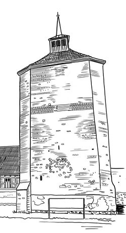 Zeichnung von der Burg Beeskow: Blick auf Bergfried und Atelierhaus